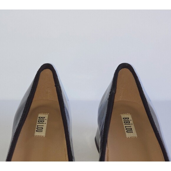 Anthropologie BIBI LOU Black Patent Leather Heeled Ballet Pumps Sz 39 Bow - Picture 8 of 14